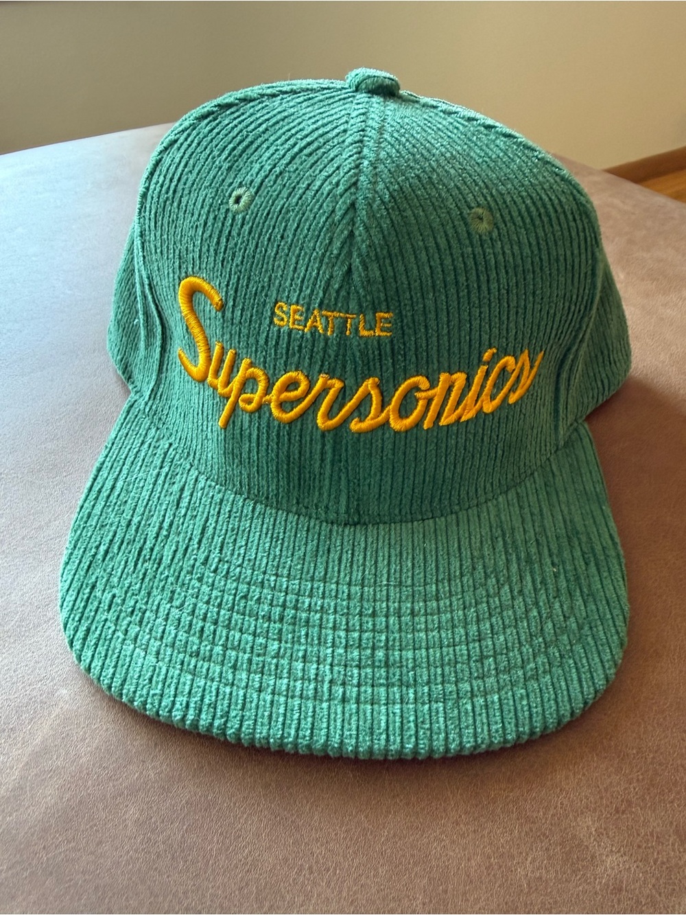 Mitchell and Ness Seattle Supersonics Green Corduroy Script Hat
